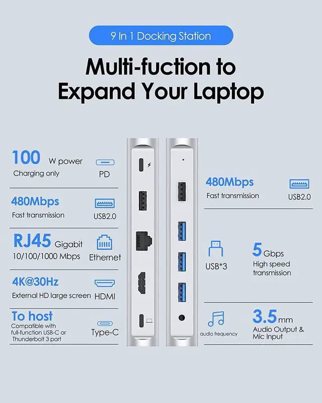 Alt view image 2 of 6 - LENTION USB C Docking Station 100W PD, 4K HDMI,Gigabit Ethernet Dock,USB 3.0/2.0 & Aux Hub Compatible 2023-2016 MacBook Pro,Mac Air/Surface,Steam Deck,More,Stable Driver Certified (CB-D53, Silver)