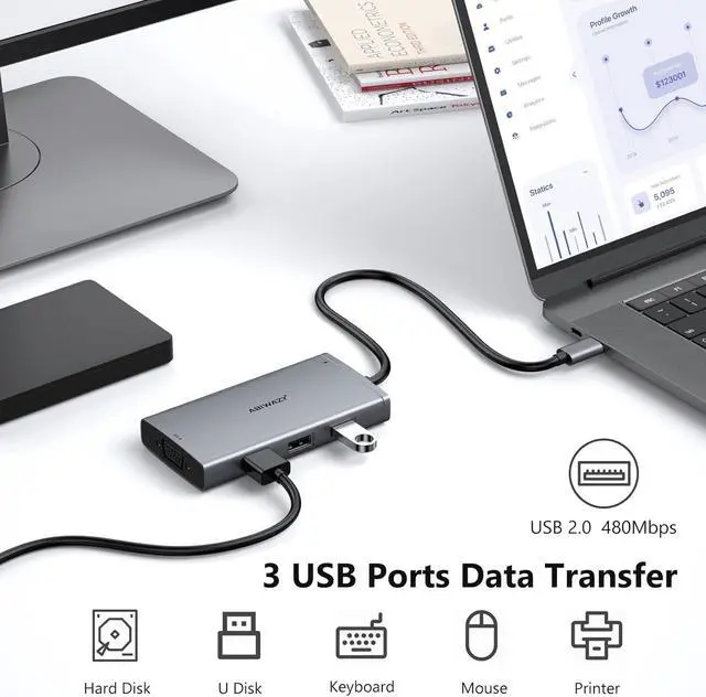 Alt view image 6 of 7 - USB C Docking Station Dual Monitor Adapter for  HP Laptop Docking Station 3 Monitors Quadruple Display USBC Hub Dongle to 4K HDMI DP VGA 3 USB2.0 100W PD USB-C Dock for  Surface
