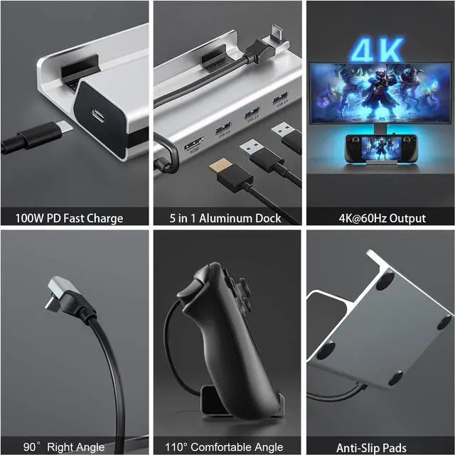 Alt view image 6 of 6 - Steam Deck Dock:- 5-in-1 Aluminum 4k Hub Steam Deck Docking Station with HDMI2.0 4K@60Hz TV, Support PD 100W Fast Charging, 3 USB-A 3.0 Dock for Steam Deck ROG Ally