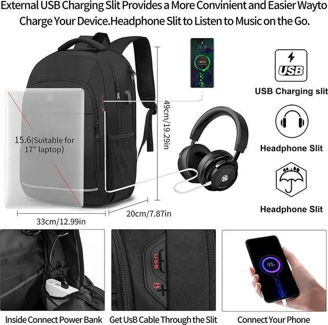 Alt view image 4 of 7 - Backpack, Laptop Backpack, Carry on Backpack, Durable TSA Friendly Business Travel 17.3 Inch Laptop Backpack with USB Port, College School Bag Gift for Men Women Teens Bookbag, Black