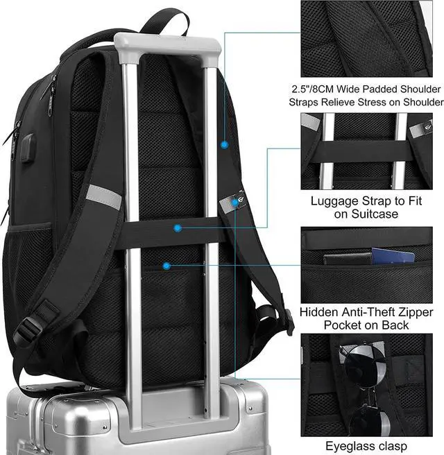 Alt view image 5 of 7 - Backpack, Laptop Backpack, Carry on Backpack, Durable TSA Friendly Business Travel 17.3 Inch Laptop Backpack with USB Port, College School Bag Gift for Men Women Teens Bookbag, Black