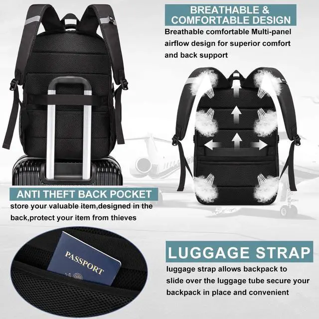 Alt view image 7 of 7 - Backpack, Laptop Backpack, Carry on Backpack, Durable TSA Friendly Business Travel 17.3 Inch Laptop Backpack with USB Port, College School Bag Gift for Men Women Teens Bookbag, Black