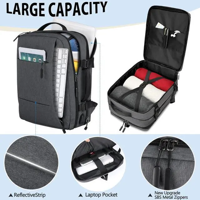 Alt view image 2 of 6 - Travel Backpack 15.6 inch Flight Approved Carry On Luggage Backpack Expandable Laptop Backpack for Men Women Business Overnight Weekender College Backpack with USB Charging Port, Dark Grey