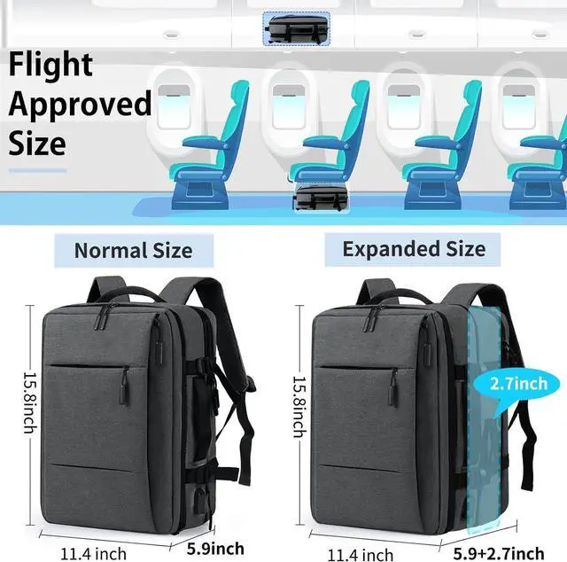 Alt view image 3 of 6 - Travel Backpack 15.6 inch Flight Approved Carry On Luggage Backpack Expandable Laptop Backpack for Men Women Business Overnight Weekender College Backpack with USB Charging Port, Dark Grey