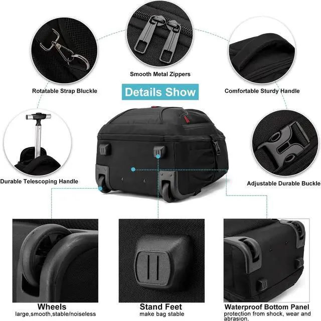 Alt view image 4 of 7 - Rolling Backpack, Large Backpack with Wheels for Men Women Adults, 17inch Waterproof Wheeled Travel Laptop Backpack Carry on Luggage Bag Trolley Suitcase Business College School Computer Bookbag,Black