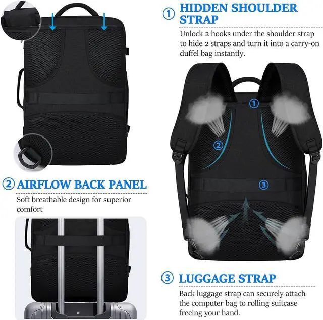 Alt view image 5 of 7 - IGOLUMON Travel Backpack for Men Women 40L Flight Approved Carry on Backpack 17 Inch Waterproof Laptop Backpack Large Luggage Daypack Business College Weekender Overnight Backpack with Shoe Bag, Black