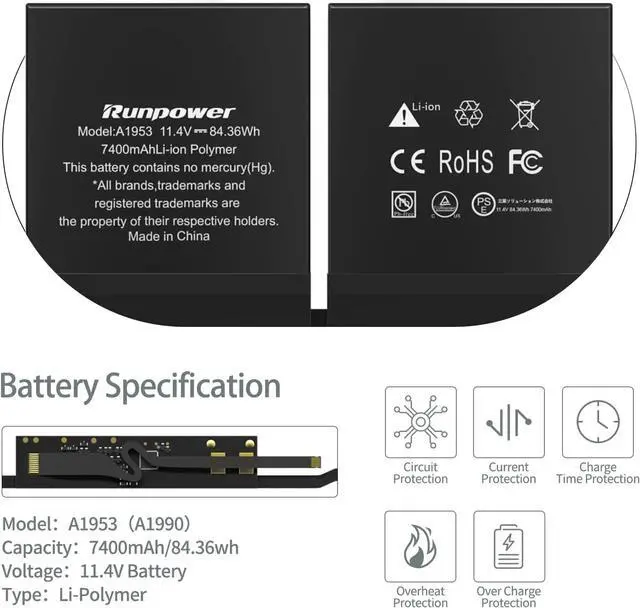 Alt view image 2 of 7 - A1953 Battery, Laptop Battery A1953 for MacBook Pro 15 inch A1990 Battery Mid 2018 2019 Replacement Battery Lithium Polymer EMC 3215 3359(11.4V 84.36WH 7400mAh)