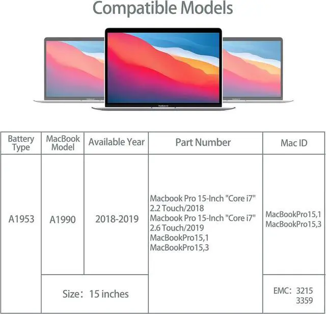 Alt view image 4 of 7 - A1953 Battery, Laptop Battery A1953 for MacBook Pro 15 inch A1990 Battery Mid 2018 2019 Replacement Battery Lithium Polymer EMC 3215 3359(11.4V 84.36WH 7400mAh)