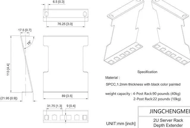 Alt view image 4 of 7 - Jingchengmei 2U Server Rack Depth Extender - 4-Inch Deep -Recessed Rack Mount Adapter Kit for Network Rack (2UEXB)