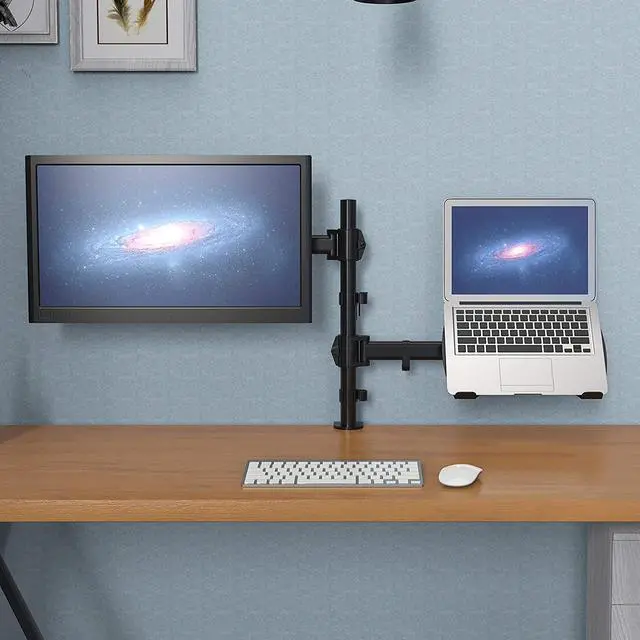 Alt view image 3 of 7 - SHOPPINGALL Fully Adjustable Dual Monitor & Laptop Mount Stand with 2 Swing Arms for Monitors up to 32", Both Desk Clamp and Grommet Mounting Options in The Box - SA-LH07-Black