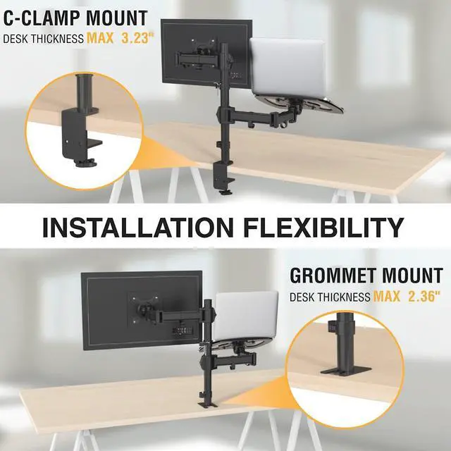 Alt view image 5 of 7 - SHOPPINGALL Fully Adjustable Dual Monitor & Laptop Mount Stand with 2 Swing Arms for Monitors up to 32", Both Desk Clamp and Grommet Mounting Options in The Box - SA-LH07-Black