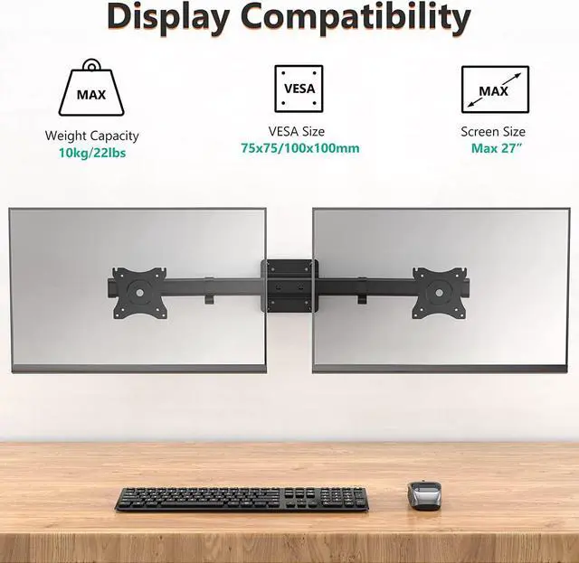 Alt view image 2 of 7 - WALI Dual Monitor Wall Mount, Single to Double Bracket Adapter, Horizontal Assembly Arm for 2 Screen up to 27 inch (012ARM), Black