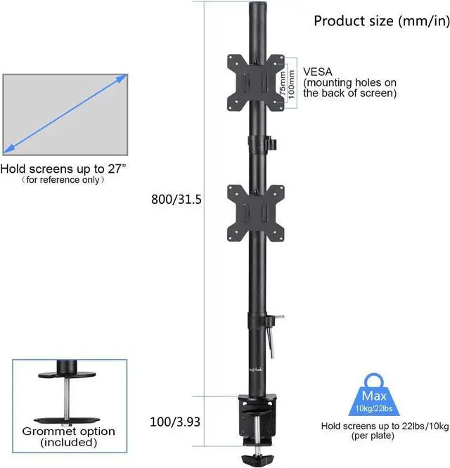 Alt view image 4 of 7 - Suptek Dual LED LCD Monitor Stand up Desk Mount for 2 / Two Screens up to 27 inch Extra Tall 31.5" Pole Heavy Duty Fully Adjustable Stand Vertical Array (MD6802)