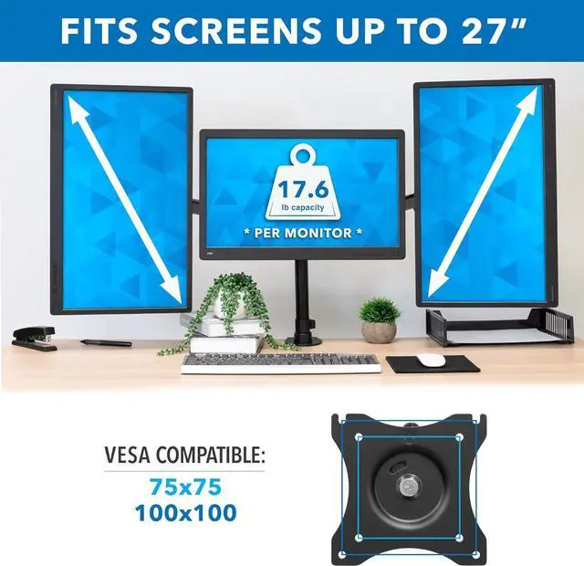 Alt view image 3 of 7 - Mount-It! Triple Monitor Mount 3 Screen Desk Stand for LCD Computer Monitors for 19 20 22 23 24 27 Inch Monitors VESA 75 and 100 Compatible Full Motion, 54 lbs Capacity (MI-1753),Black