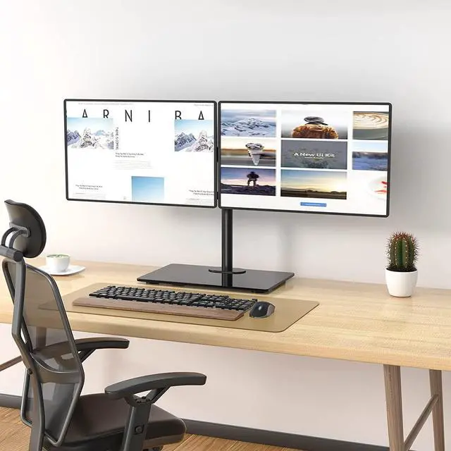 Alt view image 3 of 5 - WALI Free Standing Dual Monitor Stand, Height Adjustable Monitor Mount with Glass Base, Fits LCD LED Flat Curved Screen up to 27 inch, 22lbs, with Grommet Base (GMF002)