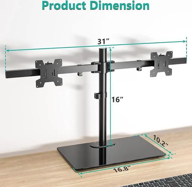 Alt view image 4 of 5 - WALI Free Standing Dual Monitor Stand, Height Adjustable Monitor Mount with Glass Base, Fits LCD LED Flat Curved Screen up to 27 inch, 22lbs, with Grommet Base (GMF002)