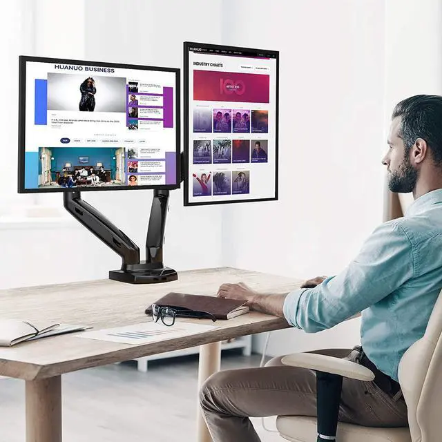 Alt view image 4 of 6 - Dual Arm Monitor Mount - Adjustable Gas Spring Desk Mount VESA Bracket with C Clamp/Grommet Mounting Base for 17 to 27 Inch Computer Screens - Each Arm Holds 4.4 to 14.3lbs