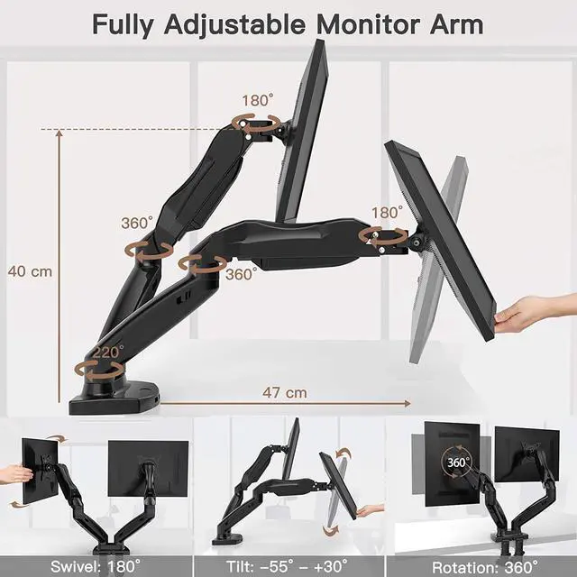 Alt view image 2 of 6 - Dual Arm Monitor Mount - Adjustable Gas Spring Desk Mount VESA Bracket with C Clamp/Grommet Mounting Base for 17 to 27 Inch Computer Screens - Each Arm Holds 4.4 to 14.3lbs
