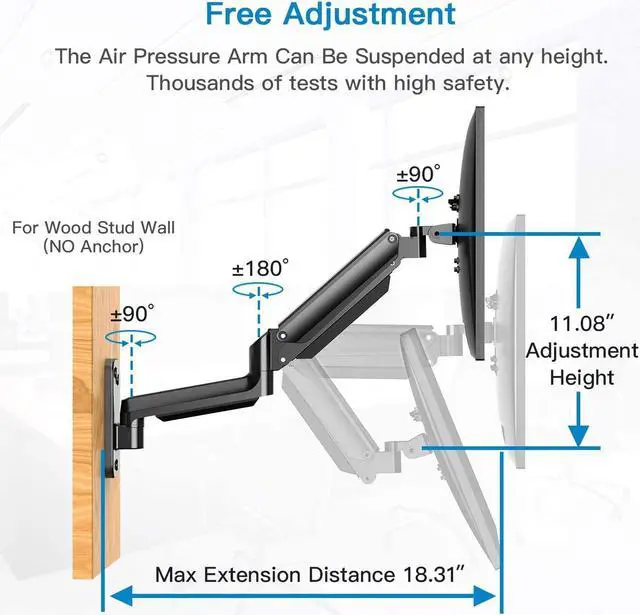 Alt view image 2 of 7 - HUANUO Single Monitor Wall Mount for 13 to 32 Inch Computer Screen, Monitor Wall Mount Arm Holds up to 17.6lbs, Height Adjustable Full Motion Gas Springcore Wall Monitor Mount-VESA Mount 75x75,100x100