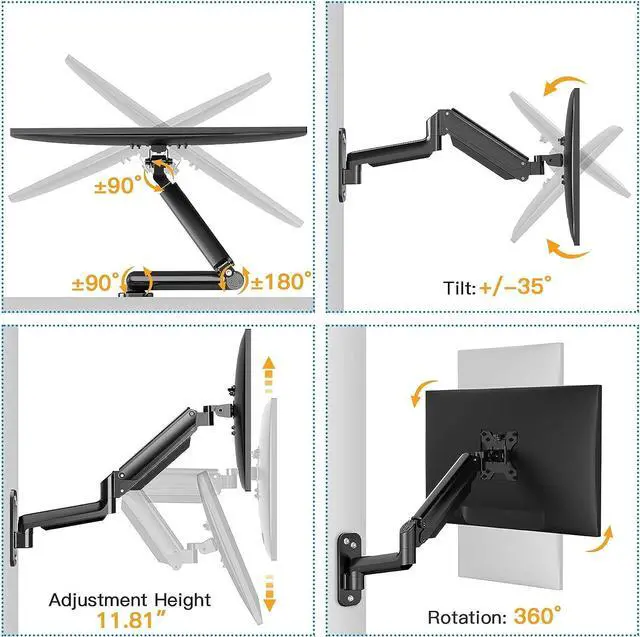 Alt view image 4 of 7 - HUANUO Single Monitor Wall Mount for 13 to 32 Inch Computer Screen, Monitor Wall Mount Arm Holds up to 17.6lbs, Height Adjustable Full Motion Gas Springcore Wall Monitor Mount-VESA Mount 75x75,100x100
