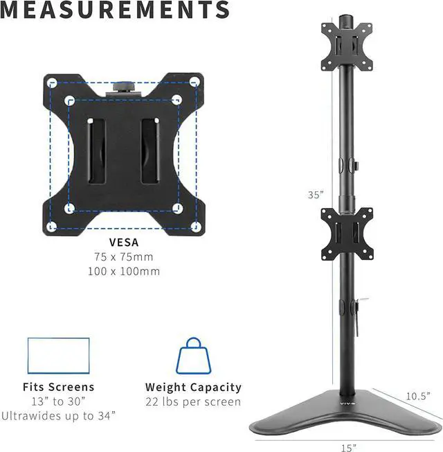 Alt view image 3 of 7 - Dual Monitor Desk Stand Free-Standing LCD Mount Holds in Stacked Vertical Position 2 Ultrawide Screens up to 34 inches Black STAND-V002L