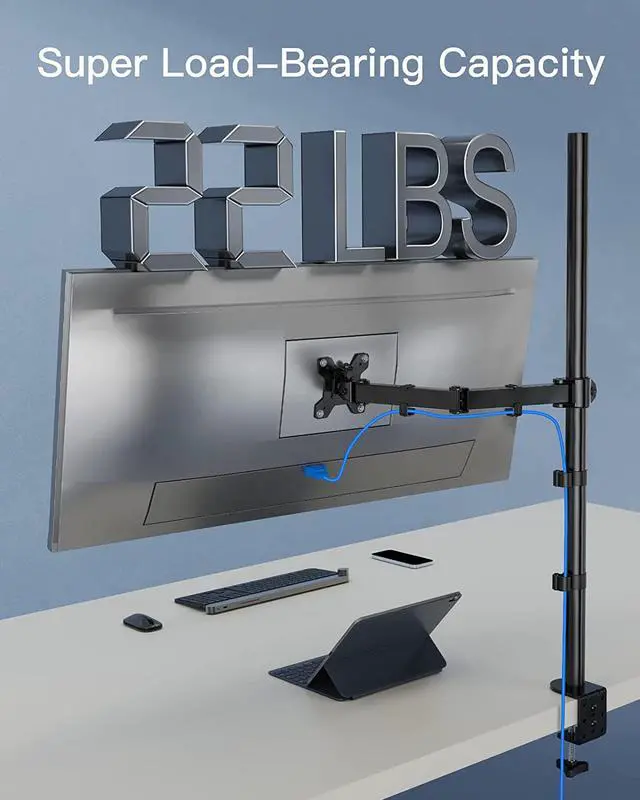 Alt view image 3 of 7 - HUANUO Single Monitor Arm with 39 inch Extra-Tall Pole, Adjustable Computer Desk Mount for 1332 inch Screens and up to 38 inch Ultrawide Screens, Hold 22 lbs, Monitor Stand with C-Clamp & Grommt Base