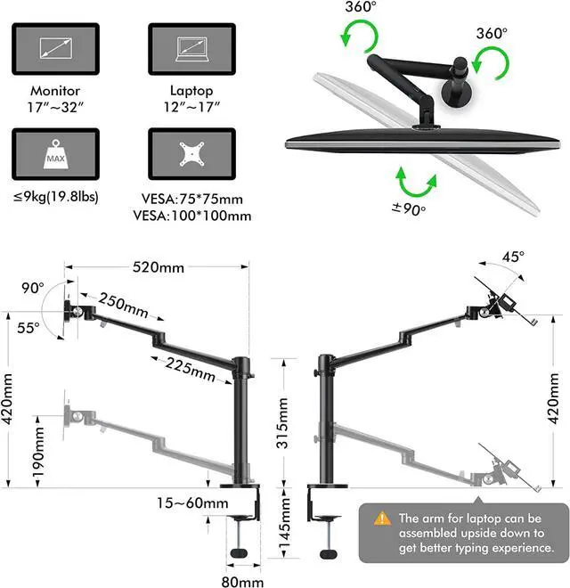 Alt view image 4 of 7 - Viozon Monitor and Laptop Mount, 2-in-1 Adjustable Dual Arm Desk Mounts Single Desk Arm Stand/Holder for 17 to 32 Inch LCD Computer Screens, Extra Tray Fits 12 to 17 inch Laptops (Black)