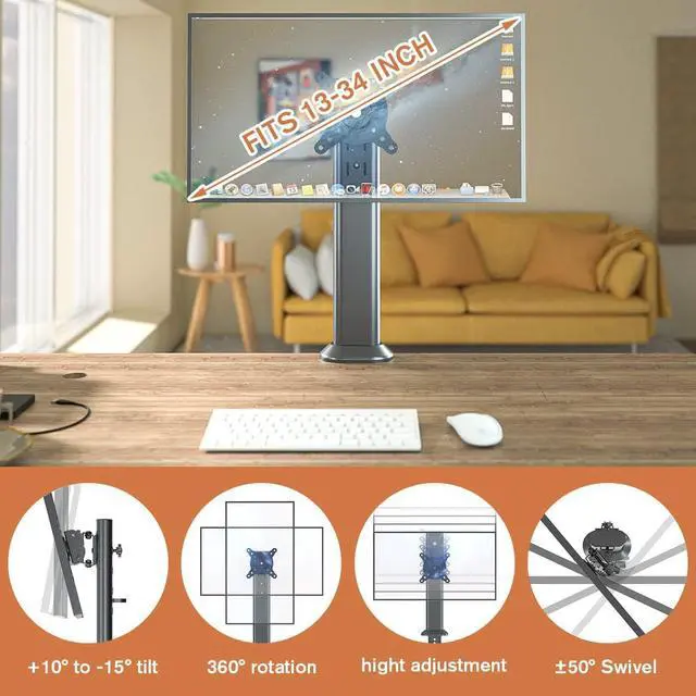 Alt view image 2 of 7 - HEMUDU Single Desk Monitor Arm Mount Stand Fit for 13 inch to 34 inch Flat Curved Computer Screen with Swivel, Height Adjustable, Rotation,Holds up to 77lbs, Black