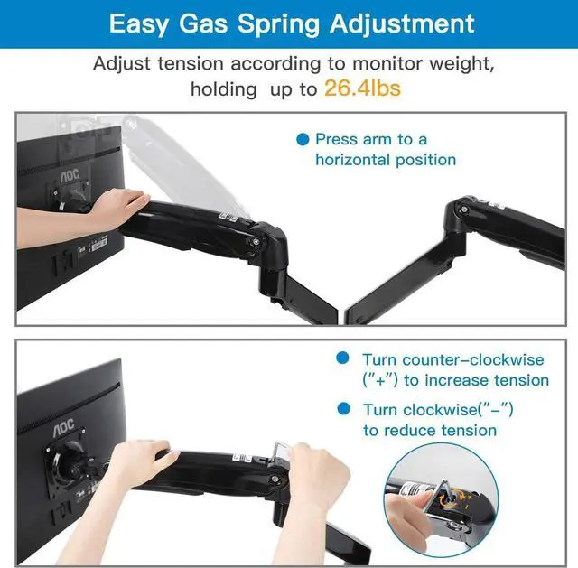 Alt view image 7 of 7 - HUANUO Dual Monitor Mount Stand - Long Double Arm Gas Spring Monitor Desk Mount for 2 Screens 22 to 35 Inch Height Adjustable VESA Bracket with Clamp, Grommet Base -Each Arm Hold up to 26.4 lbs