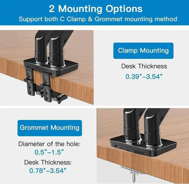 Alt view image 6 of 7 - HUANUO Dual Monitor Mount Stand - Long Double Arm Gas Spring Monitor Desk Mount for 2 Screens 22 to 35 Inch Height Adjustable VESA Bracket with Clamp, Grommet Base -Each Arm Hold up to 26.4 lbs
