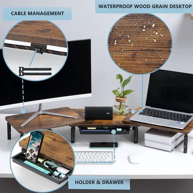 Alt view image 3 of 7 - ETHU Dual Monitor Stand ,Double Monitor Riser for PC,Computer, Laptop and Printer,3 Adjustable Shelf Length and Angle Desktop Stand Organizer with Phone Holder and Drawer,Office Accessories.