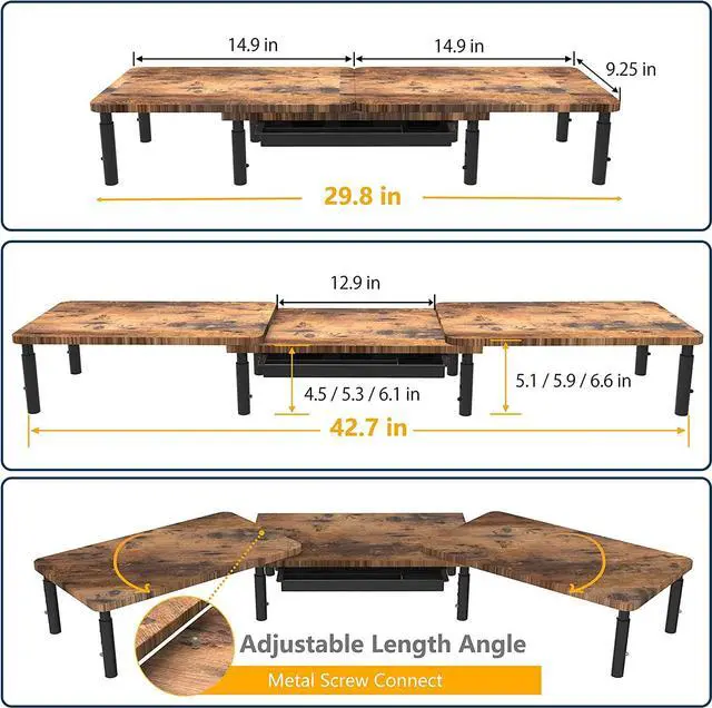 Alt view image 2 of 7 - ETHU Dual Monitor Stand ,Double Monitor Riser for PC,Computer, Laptop and Printer,3 Adjustable Shelf Length and Angle Desktop Stand Organizer with Phone Holder and Drawer,Office Accessories.
