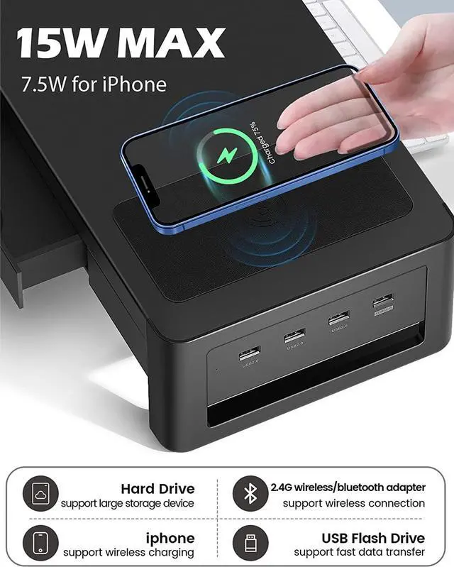 Alt view image 2 of 7 - meatanty Dual Monitor Stand Riser with 2 Drawers,4 USB Ports and Charging Pad,Metal Monitor Stand for 2 Monitors Supports Transfer Data and Charging,Desk Organizer for PC,iMac(38.7 inches)