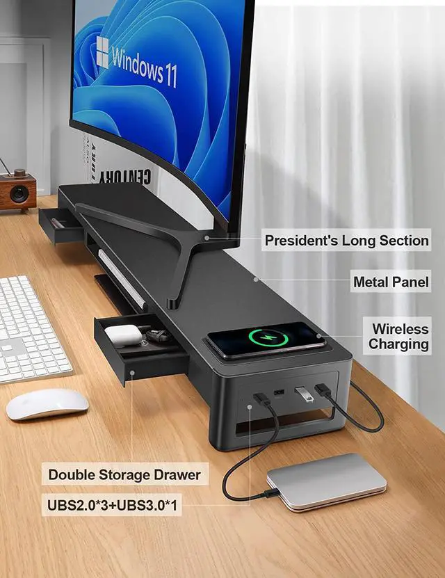 Alt view image 4 of 7 - Meatanty 3 In 1 Dual Monitor Stand Riser with 2 Drawers and 4 USB Ports,Metal Computer Monitor Stand Supports Transfer Data and Charging,Desk Organizer for PC,Laptop,iMac