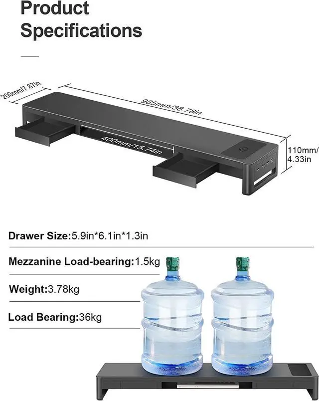 Alt view image 6 of 7 - meatanty Dual Monitor Stand Riser with 2 Drawers,4 USB Ports and Charging Pad,Metal Monitor Stand for 2 Monitors Supports Transfer Data and Charging,Desk Organizer for PC,iMac(38.7 inches)
