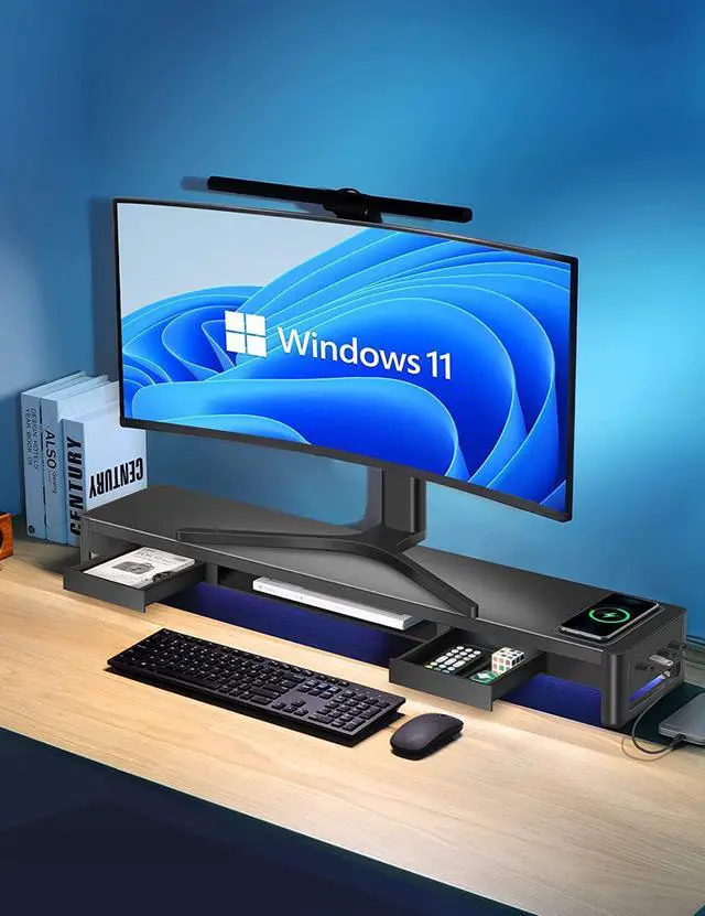 Alt view image 7 of 7 - Meatanty 3 In 1 Dual Monitor Stand Riser with 2 Drawers and 4 USB Ports,Metal Computer Monitor Stand Supports Transfer Data and Charging,Desk Organizer for PC,Laptop,iMac