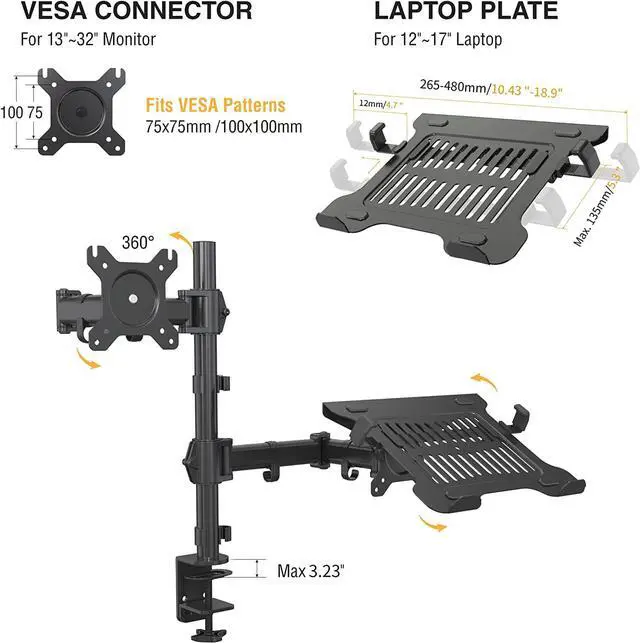 Alt view image 3 of 7 - SHOPPINGALL Fully Adjustable Dual Monitor & Laptop Mount Stand for Laptop up to 17" Monitors up to 32" - SA-LH09