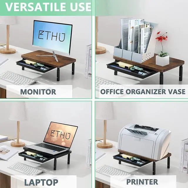 Alt view image 4 of 7 - ETHU Monitor Stand Riser 3 Height Adjustable Monitor Stand with Storage Drawer for Desk Wood Desk Organizer for Office and Home, Ergonomic Stand for Computer Printer Laptop PC iMac 2 Pack