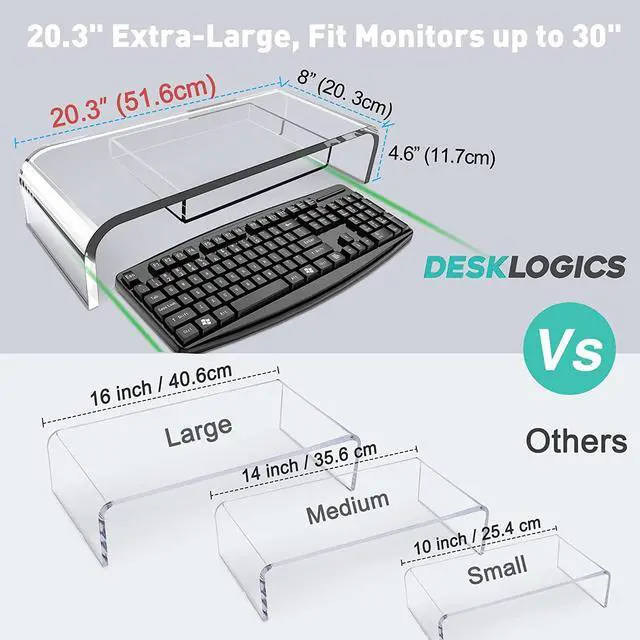 Alt view image 3 of 7 - Computer Acrylic Monitor Stand Riser with Storage - Larger Size Single Clear PC Desktop Monitor Holder for Desk, Keyboard Storage, Laptop, TV Screen, Home, Office, Gift Ideas