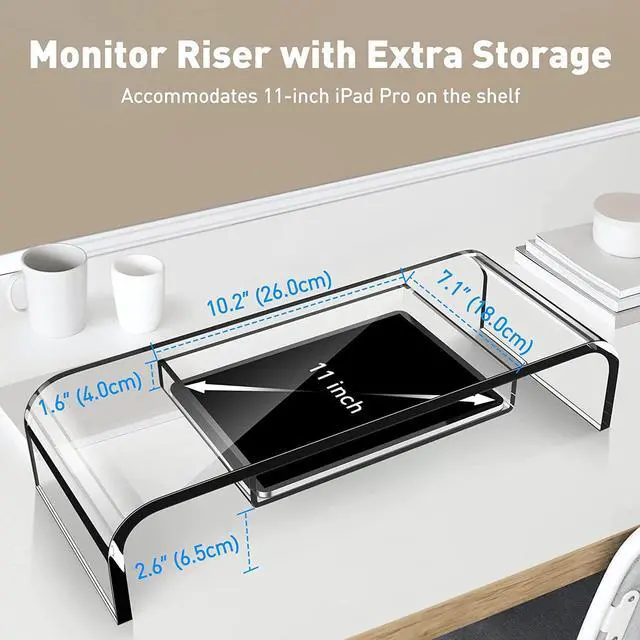 Alt view image 4 of 7 - Computer Acrylic Monitor Stand Riser with Storage - Larger Size Single Clear PC Desktop Monitor Holder for Desk, Keyboard Storage, Laptop, TV Screen, Home, Office, Gift Ideas