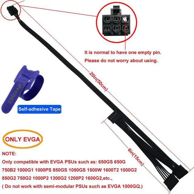 Alt view image 2 of 6 - COMeap 6 Pin to 3X 15 Pin SATA Hard Drive Power Adapter Cable for Some Specific Types of EVGA Modular PSUs 20-in(50cm)