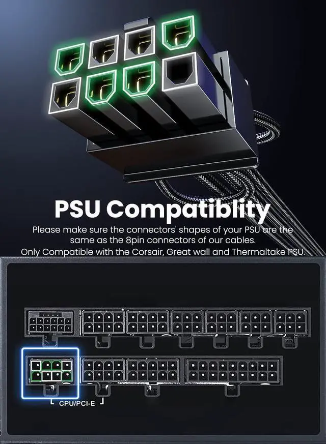 Alt view image 2 of 7 - Fasgear PCIe 5.0 GPU Power Cable 70cm | 16pin (12+4) 12VHPWR Connector for RTX 3090 Ti 4080 4090 | 3x8pin (4+4) CPU Male Plugs Only for Corsair/Great Wall/Thermaltake Modular Power Supply (Black)