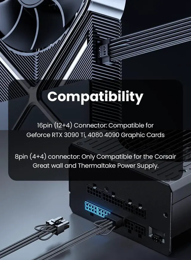 Alt view image 7 of 7 - Fasgear PCIe 5.0 GPU Power Cable 70cm | 16pin (12+4) 12VHPWR Connector for RTX 3090 Ti 4080 4090 | 3x8pin (4+4) CPU Male Plugs Only for Corsair/Great Wall/Thermaltake Modular Power Supply (Black)