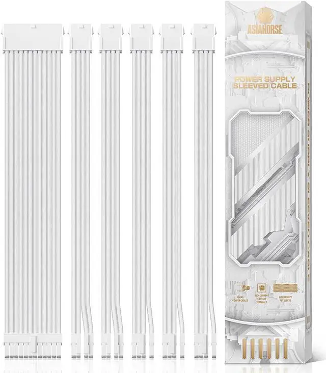 Main image of AsiaHorse Power Supply Sleeved Cable, 16 AWG PSU Extension Cable Kit of White Connector, 1x24Pin/2x4+4 EPS/3x6+2 PCI-E, 30cm Length with Combs-White
