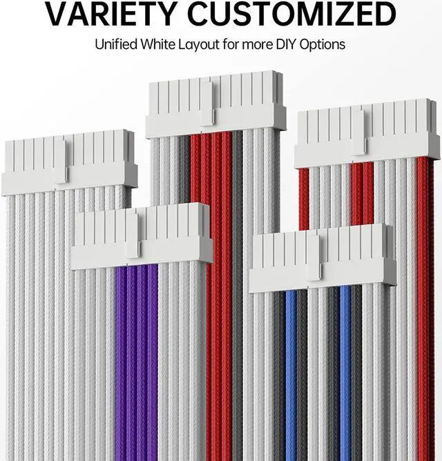 Alt view image 7 of 7 - AsiaHorse Power Supply Sleeved Cable, 16 AWG PSU Extension Cable Kit of White Connector, 1x24Pin/2x4+4 EPS/3x6+2 PCI-E, 30cm Length with Combs-White