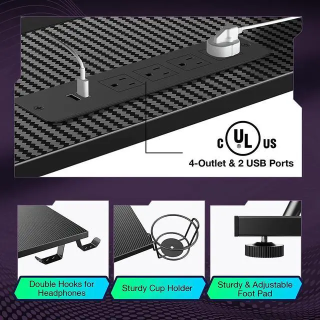 Alt view image 6 of 7 - L Shaped Gaming Desk with LED Lights & Power Outlets, 50.4 Computer Desk with Monitor Stand & Carbon Fiber Surface, Corner Desk with Cup Holder, Gaming Table with Hooks, Black