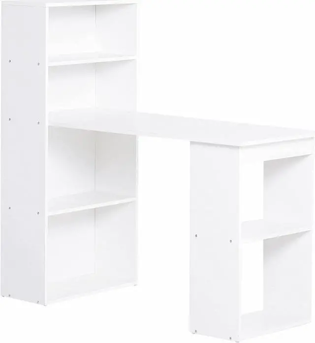 Main image of HOMCOM Modern Home Office Desk with 6-Tier Storage Shelves, 47" Writing Table with Bookshelf, White