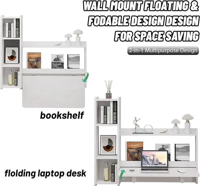 Alt view image 3 of 7 - Pmnianhua Floating Desk,41'' Wall Mounted Desk Fold Down Laptop Desk Folding Space Saving Table Workstation with Storage Shelves for Bedroom Study Room Small Space (Off White-Right)