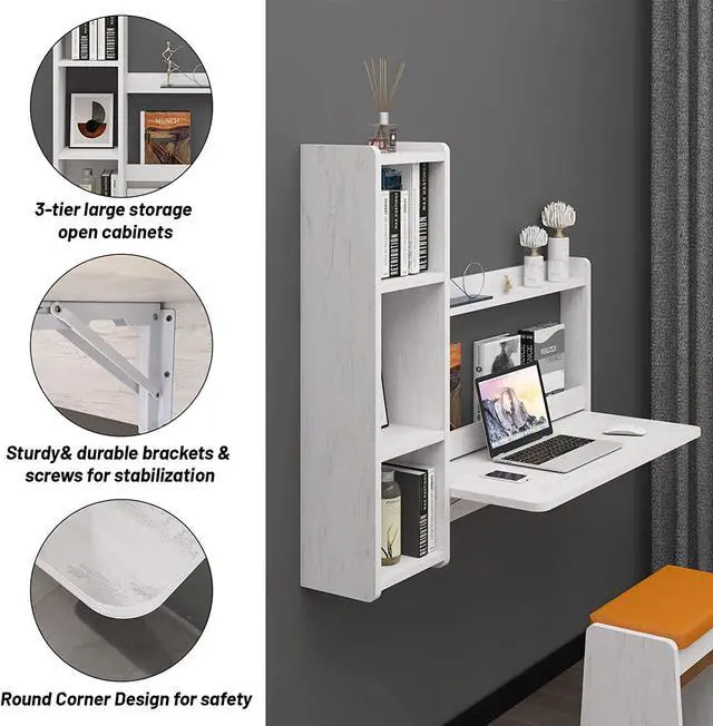 Alt view image 4 of 7 - Pmnianhua Floating Desk,41'' Wall Mounted Desk Fold Down Laptop Desk Folding Space Saving Table Workstation with Storage Shelves for Bedroom Study Room Small Space (Off White-Right)