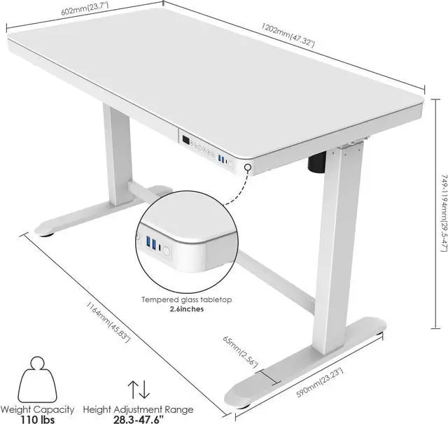 Alt view image 3 of 6 - PrimeCables Glass Electric Standing Desk with Drawer Charging USB Port, All-in-One 47" Sit Stand Desk Height Adjustable from 29.5 to 47 in